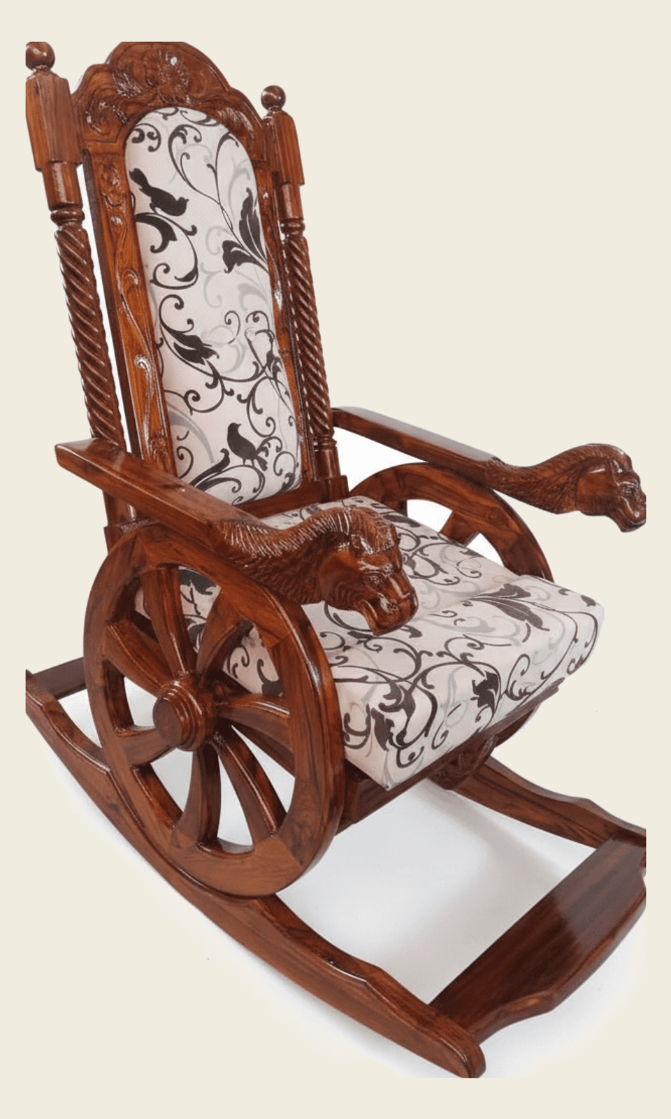 Handcrafted Wooden Rocking Chair with Carved Lion Armrests