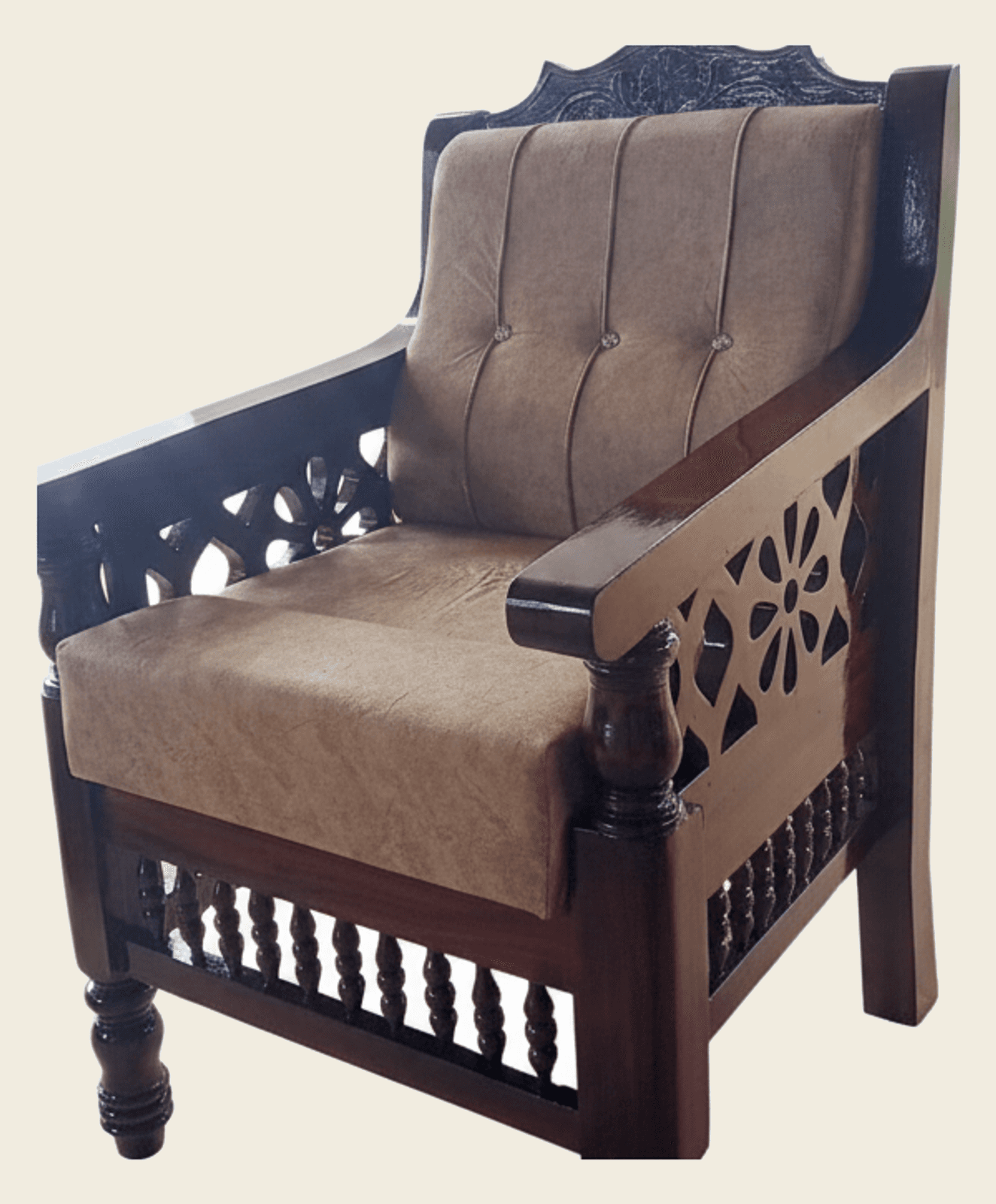 Carved Solid Wood Armchair with Floral Cutout Panels