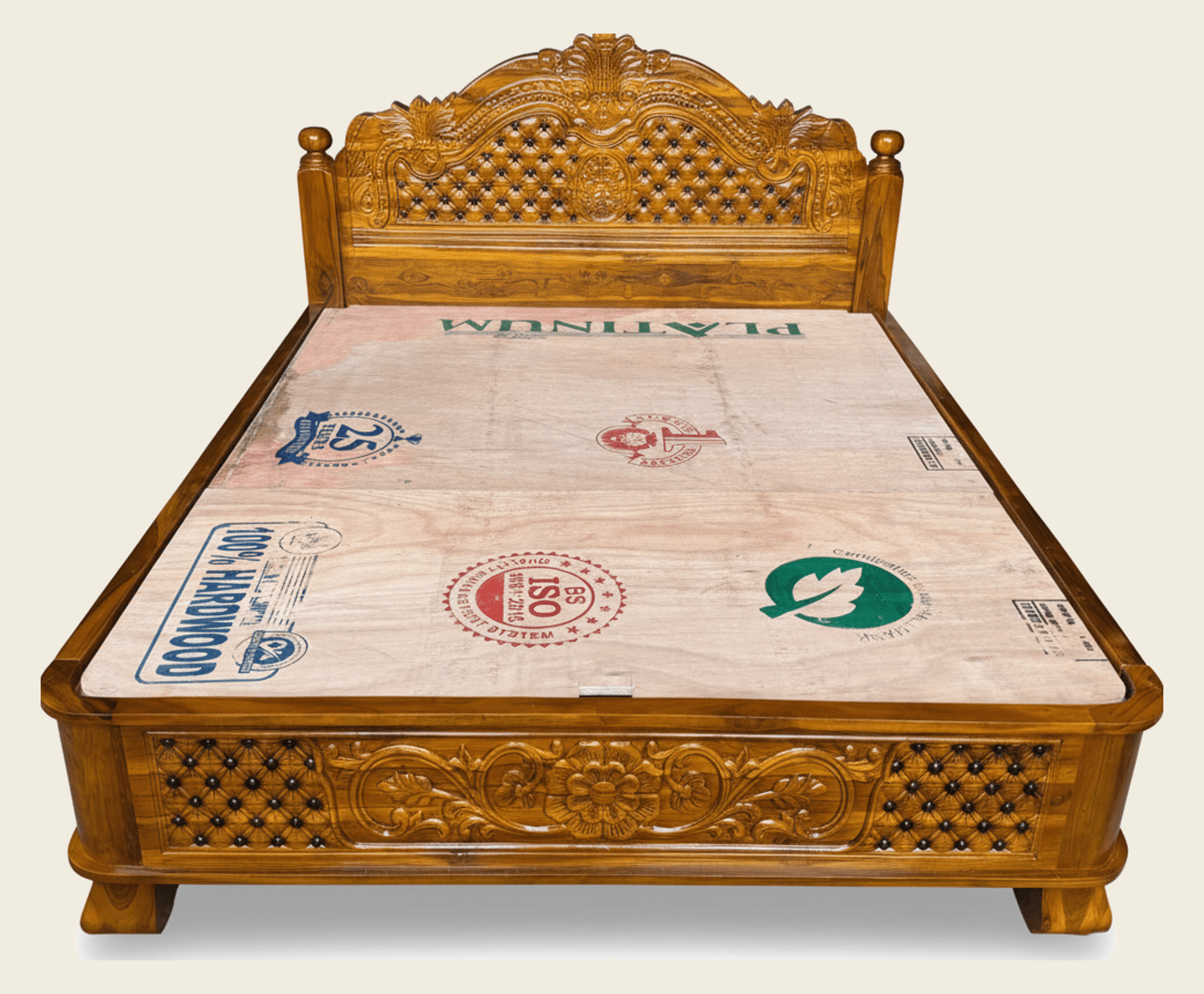 Carved Solid Wood Bed with Diamond-Lattice Headboard