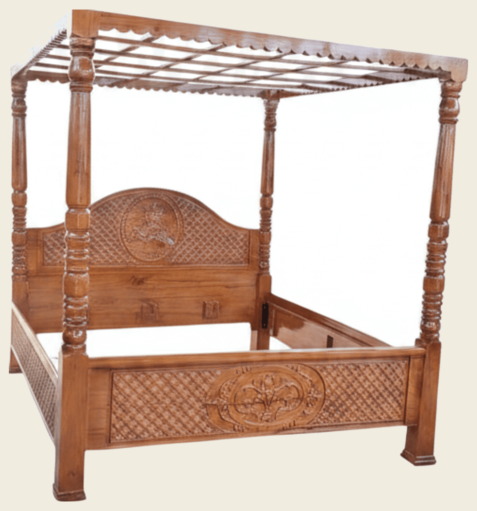 Handcrafted Carved Solid Wood Four-Poster Canopy Bed