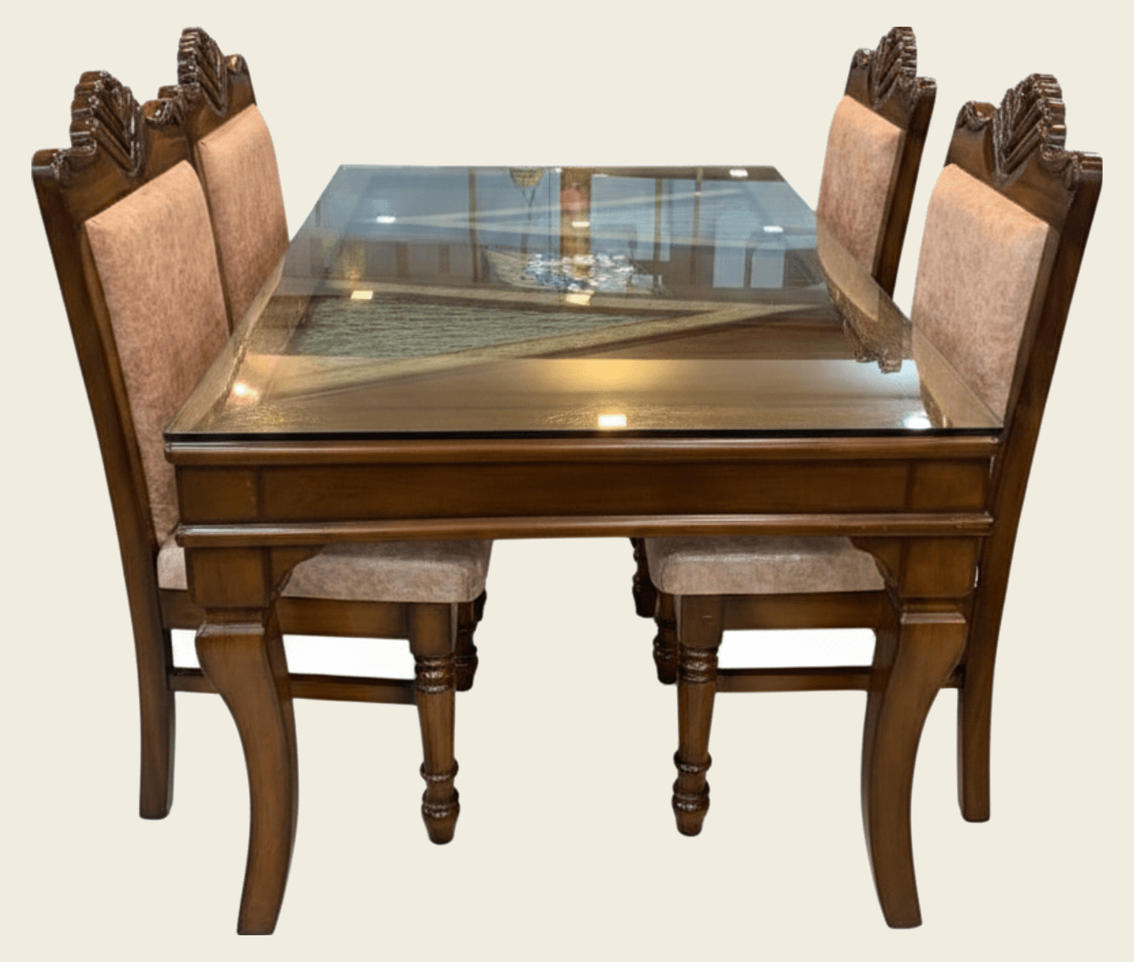 Solid Wood Dining Table Set with Glass Top and Upholstered Chairs