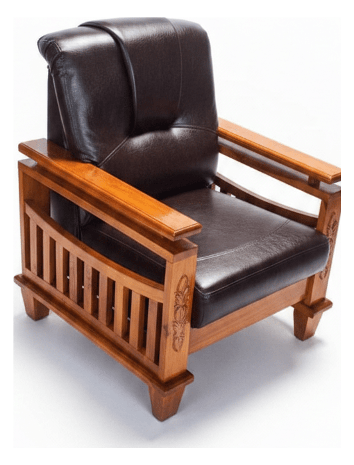 Carved Solid Wood Armchair with Leatherette Upholstery