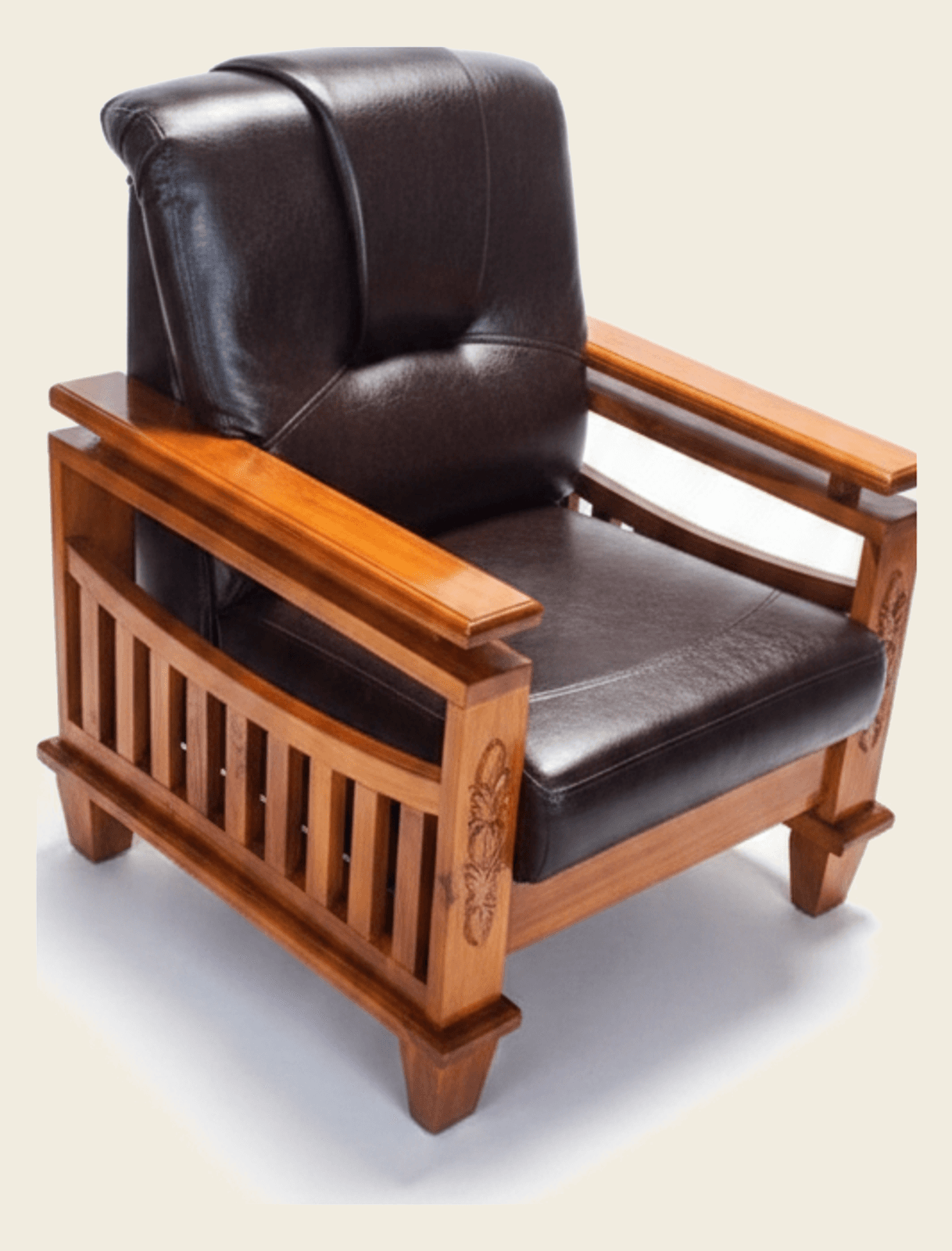 Carved Solid Wood Armchair with Leatherette Upholstery