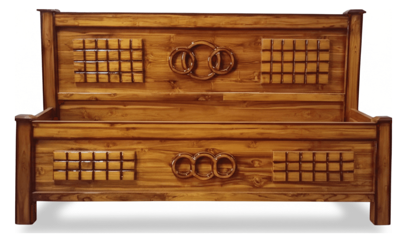 Solid Wood Bed with Geometric Carved Accents