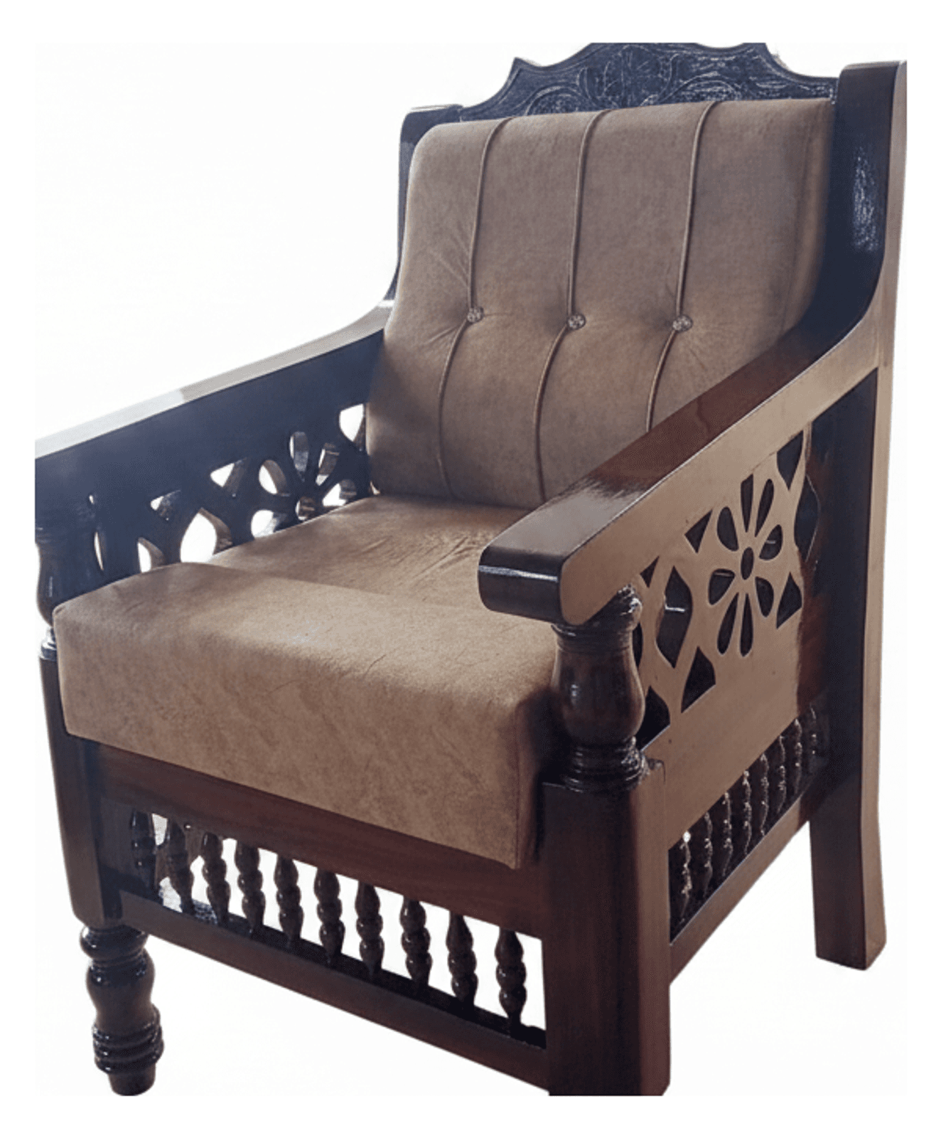 Carved Solid Wood Armchair with Floral Cutout Panels
