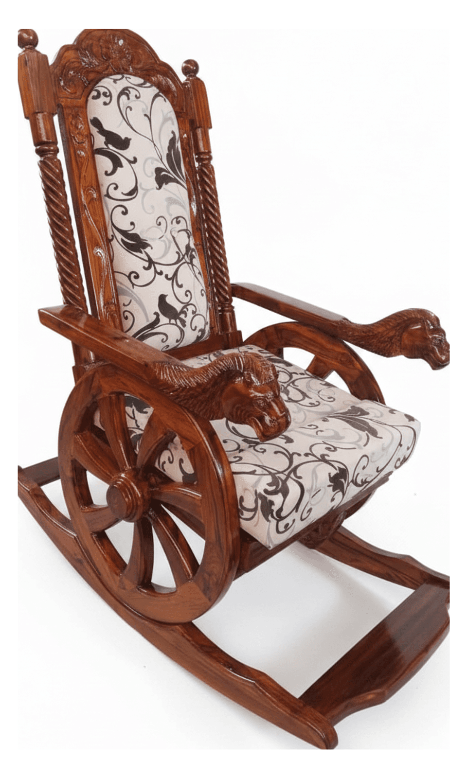 Handcrafted Wooden Rocking Chair with Carved Lion Armrests